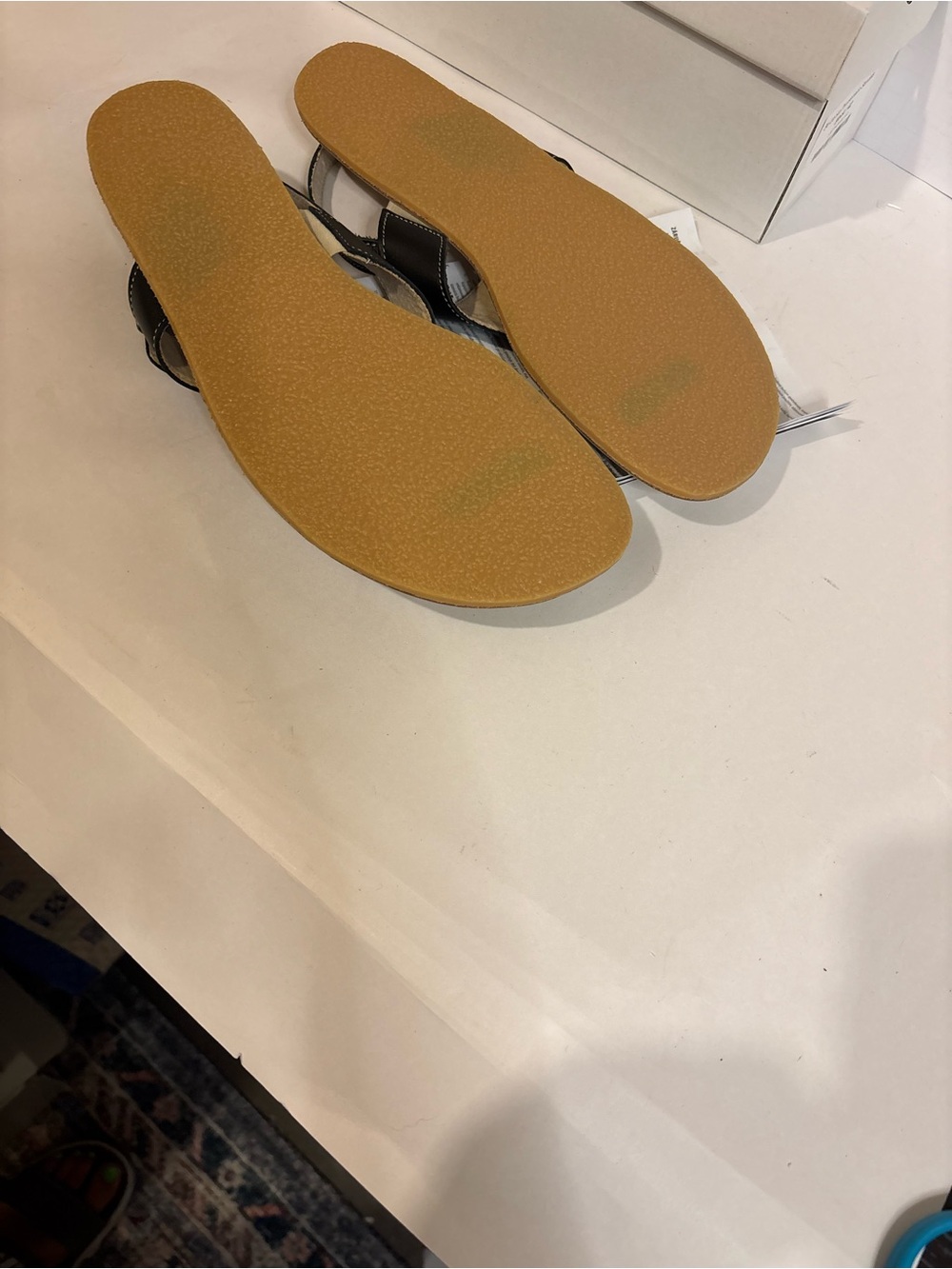 Black Leather T-Strap Sandals with Tan Footbed - Women's - Picture 3 of 3
